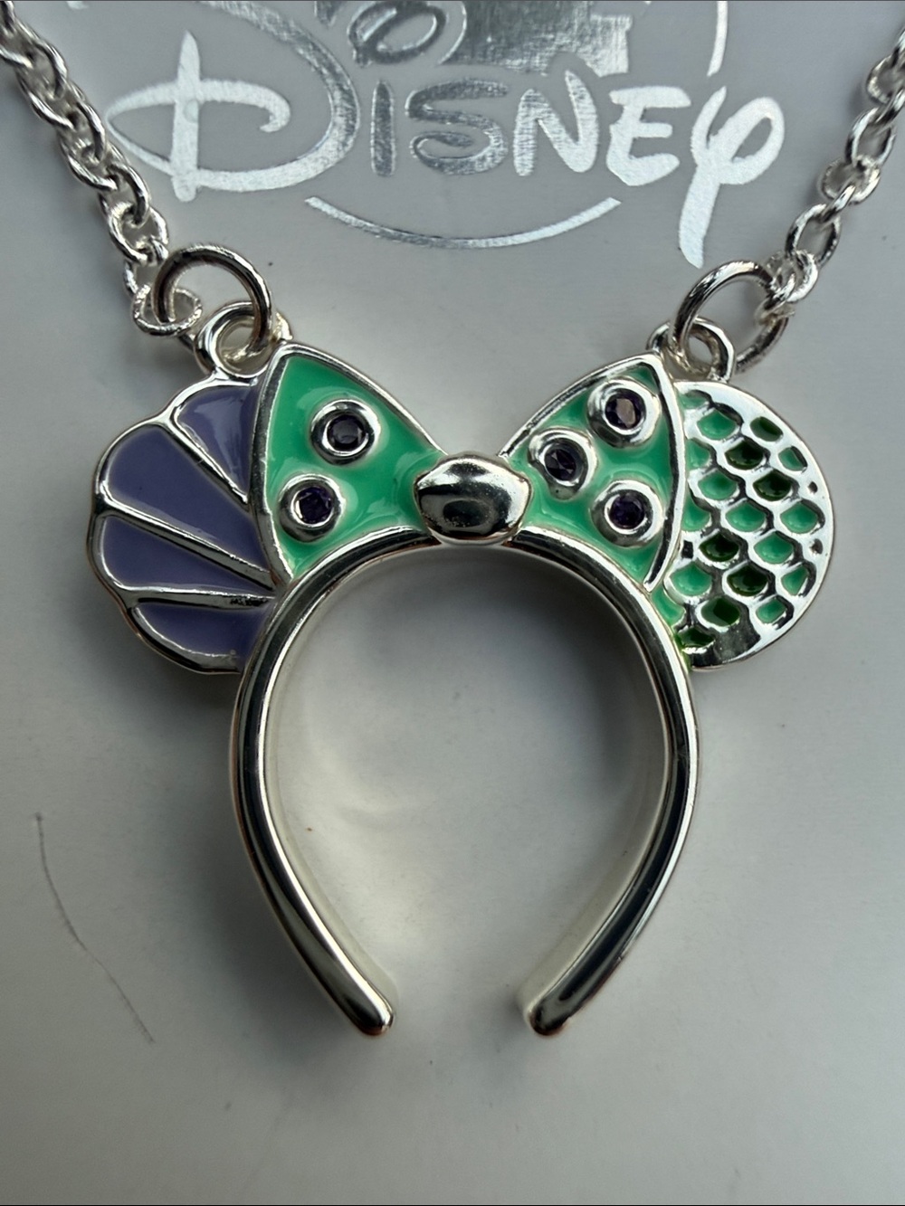 Disney Little Mermaid Minnie Mouse Ear Purple & Green Necklace - Picture 2 of 5